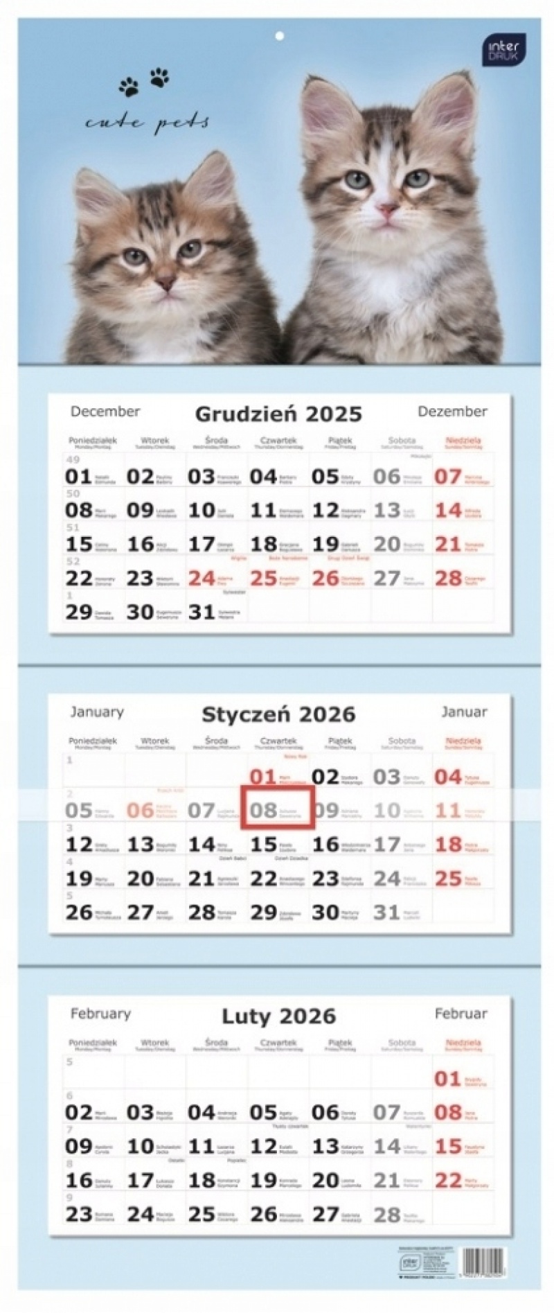 Kalendarz tr&oacute;jdzielny 82,5x34cm Koty 2026, Ścienne, Kalendarze
