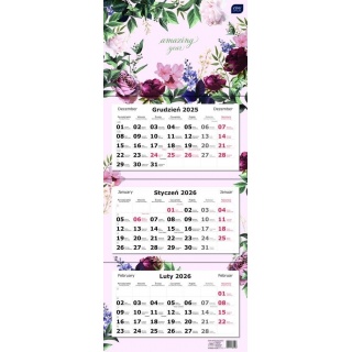 Kalendarz tr&oacute;jdzielny 82,5x34cm Kwiaty 2026, Ścienne, Kalendarze