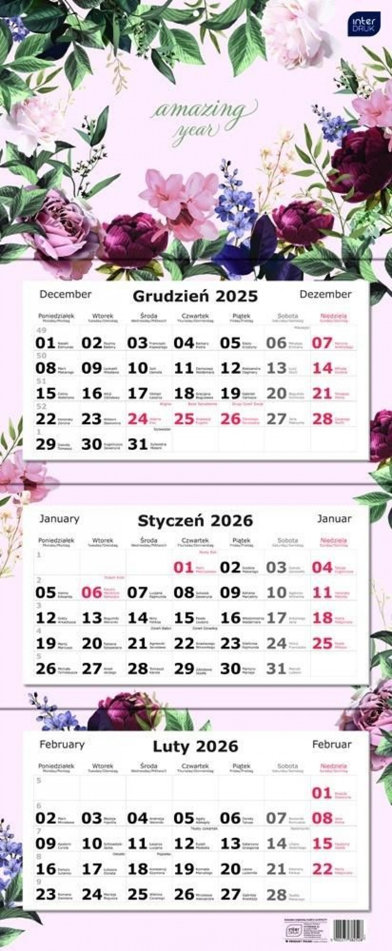 Kalendarz tr&oacute;jdzielny 82,5x34cm Kwiaty 2026, Ścienne, Kalendarze