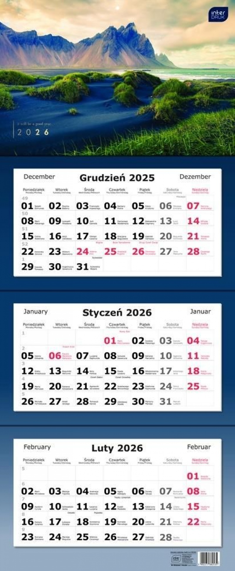 Kalendarz tr&oacute;jdzielny 82,5x34cm Widoki 2026, Ścienne, Kalendarze