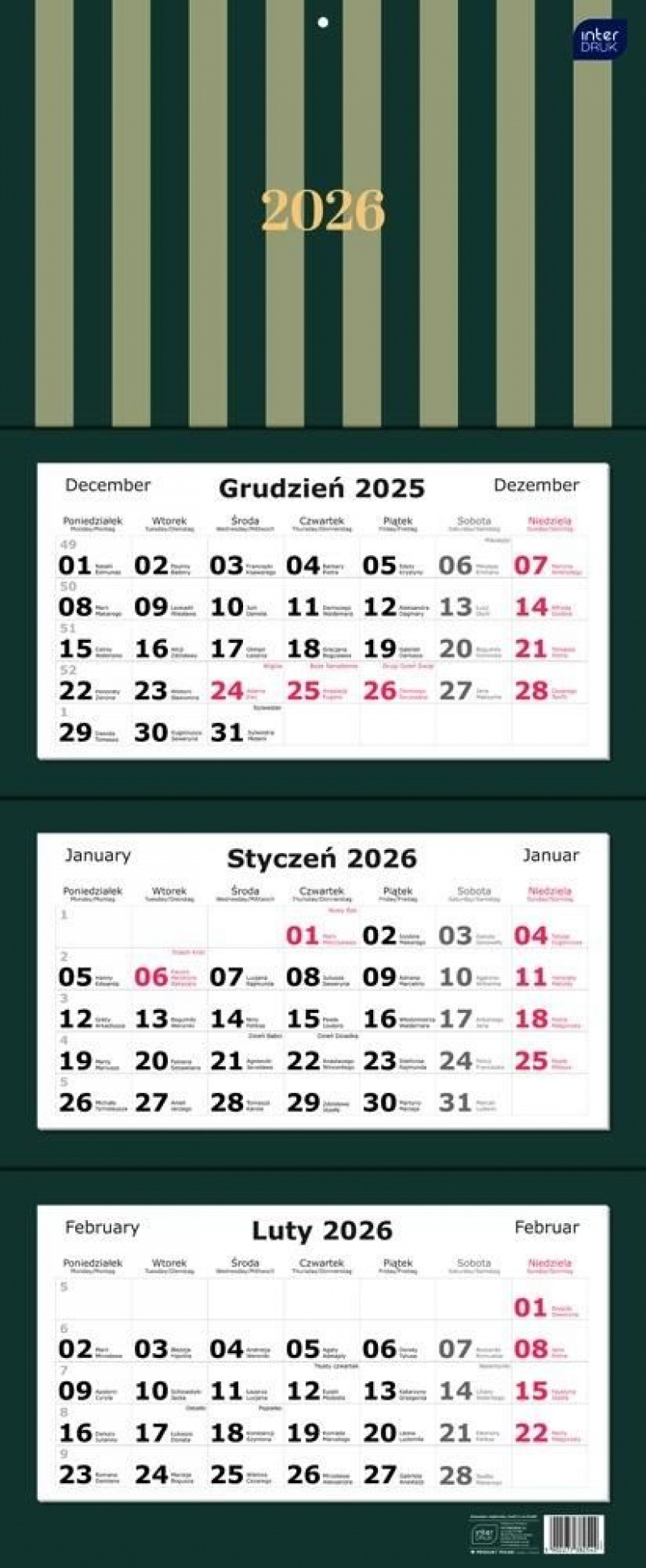 Kalendarz tr&oacute;jdzielny 82,5x34cm Paski 2026, Ścienne, Kalendarze