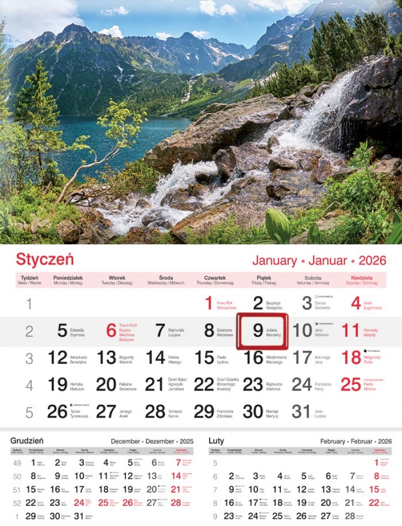 KALENDARZ JEDNODZIELNY KJ01 JEZIORO 2026, Ścienne, Kalendarze