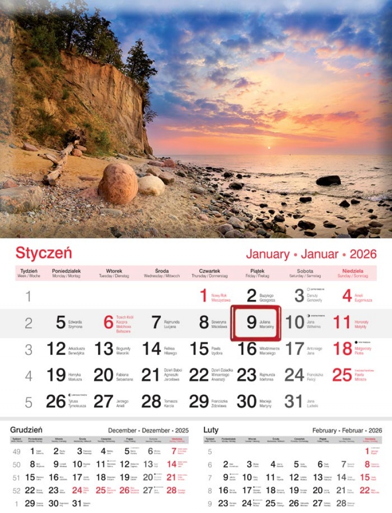 KALENDARZ JEDNODZIELNY KJ02 PLAŻA 2026, Ścienne, Kalendarze