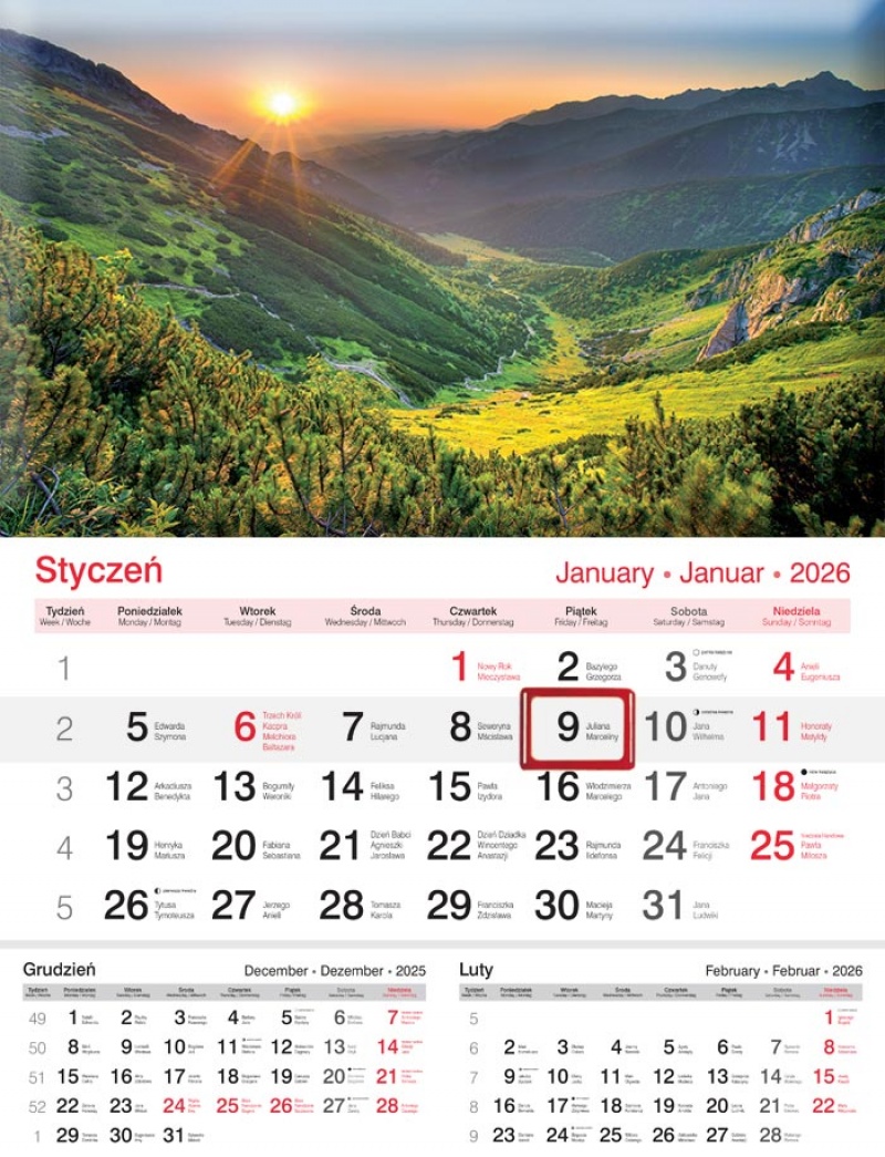 KALENDARZ JEDNODZIELNY KJ03 G&Oacute;RY 2026, Ścienne, Kalendarze