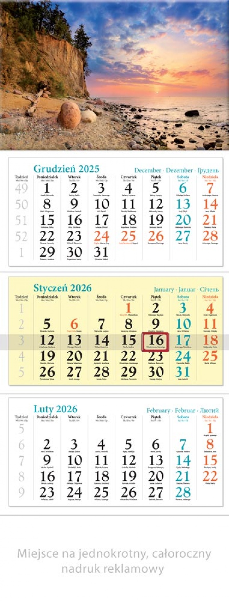 KALENDARZ TR&Oacute;JDZIELNY KT02 BAŁTYK 2026, Ścienne, Kalendarze