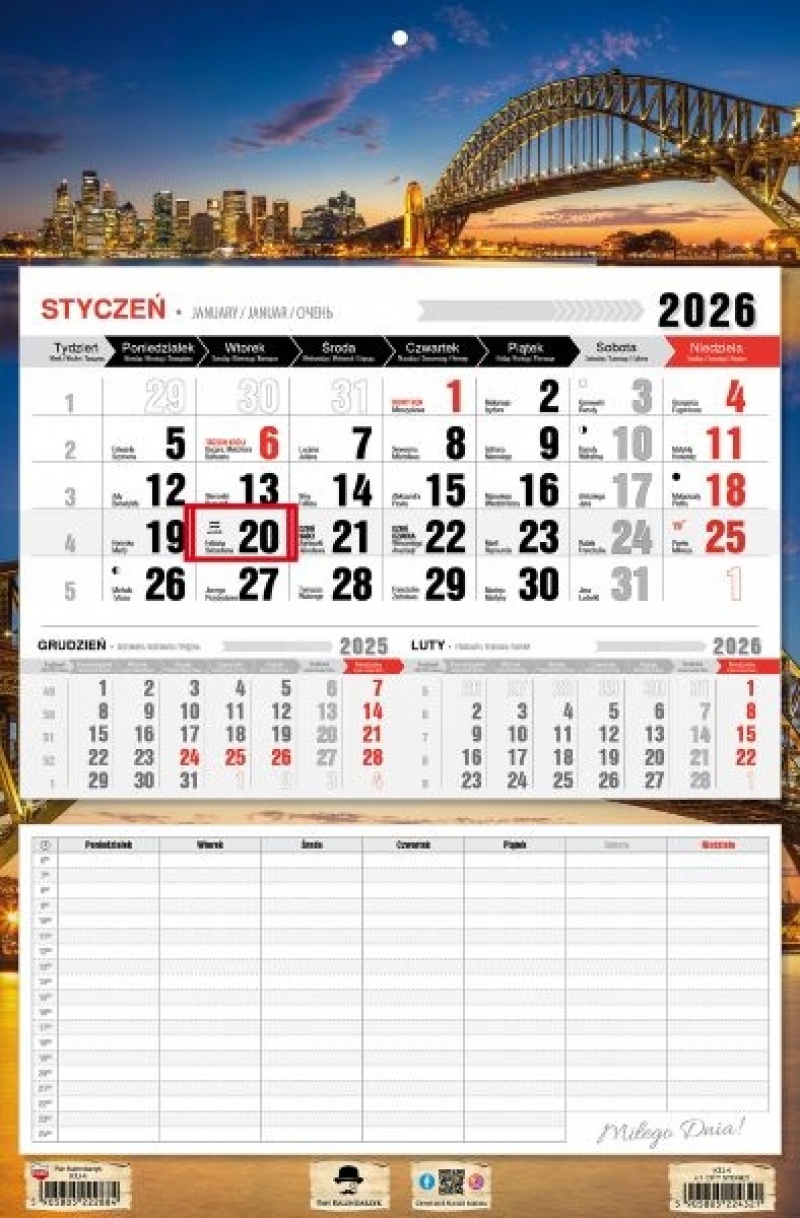 KALENDARZ JEDNODZIELNY Z PLANEM ZAJĘĆ 2026, Ścienne, Kalendarze