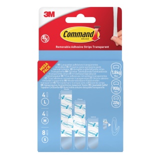 Paski samoprzylepne COMMAND&trade; (17200), wymienne, 4 duże + 4 średnie + 8 małych, transparentne, Haczyki, Prezentacja