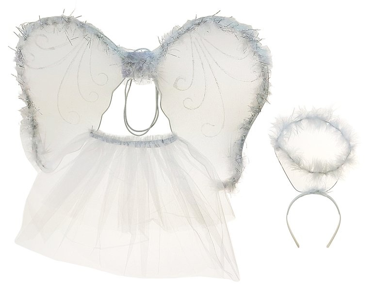 skrzydełka aniołka 44x32,5cm, ze sp&oacute;dniczką dł.29cm, r&oacute;żdżka, aureolka;, Kostiumy i dodatki, Art. na okazje i przyjęcia