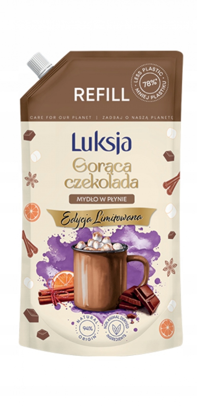 LUKSJA MYDŁO W PŁYNIE 900ML.ZAPAS GORĄCA CZEKOL., Mydła i dozowniki, Art. higieniczne i dozowniki