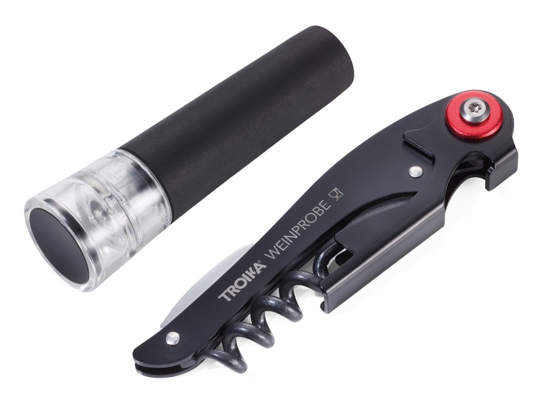 Zestaw do wina TROIKA Weinprobe, korkociąg + nożyk + zatyczka, czarny, Ekskluzywne, Gadżety