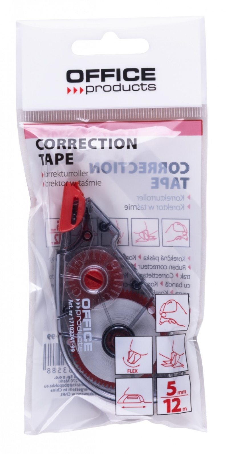 Korektor w taśmie OFFICE PRODUCTS, myszka, z mech. zabezpieczającym taśmę, 5mm x 12m, zawieszka, Korektory, Artykuły do pisania i korygowania