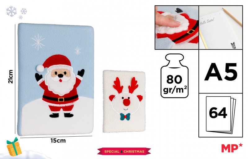 NOTATNIK PLUSZOWY A5 GŁADKI ŚWIĄT.MIKOŁAJ/RENIFER, Notesy szkolne, Zeszyty i bloki