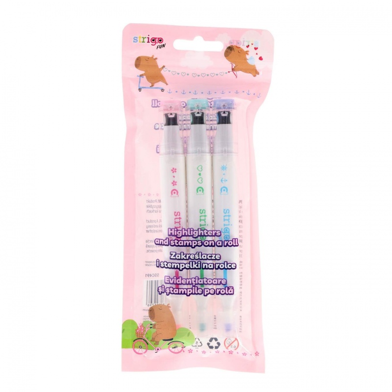 STRIGO ZAKREŚLACZE I STEMPELKI NA ROLCE 2W1 3szt., Zakreślacze, Art. do pisania i korygowania