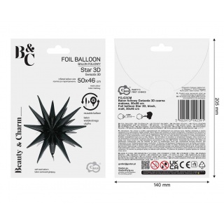 BALON FOLIOWY GWIAZDA 3D CZARNA MATOWA 50x46cm., Balony, Art. na okazje i przyjęcia