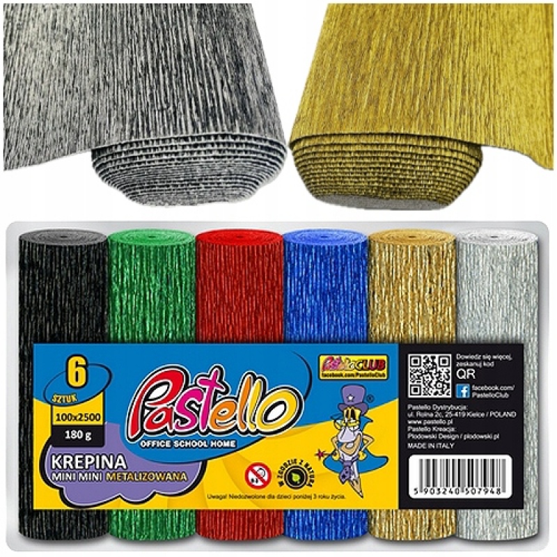 KREPINA PASTELLO MINI METALIC 10cmx2,5m.6KOL., Bibuła, krepina, Plastyka