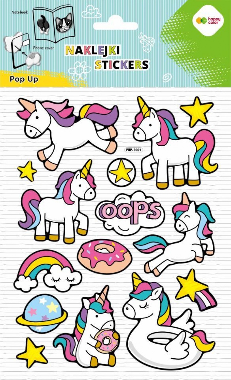 NAKLEJKI 3D POP UP UNICORNS FUN 15x24cm.HC, Naklejki, Art. kreatywne