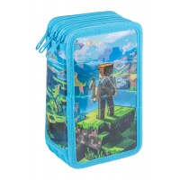 School pencil case GIMBOO, with equipment, 3 compartments, Building Blocks 2025, blue