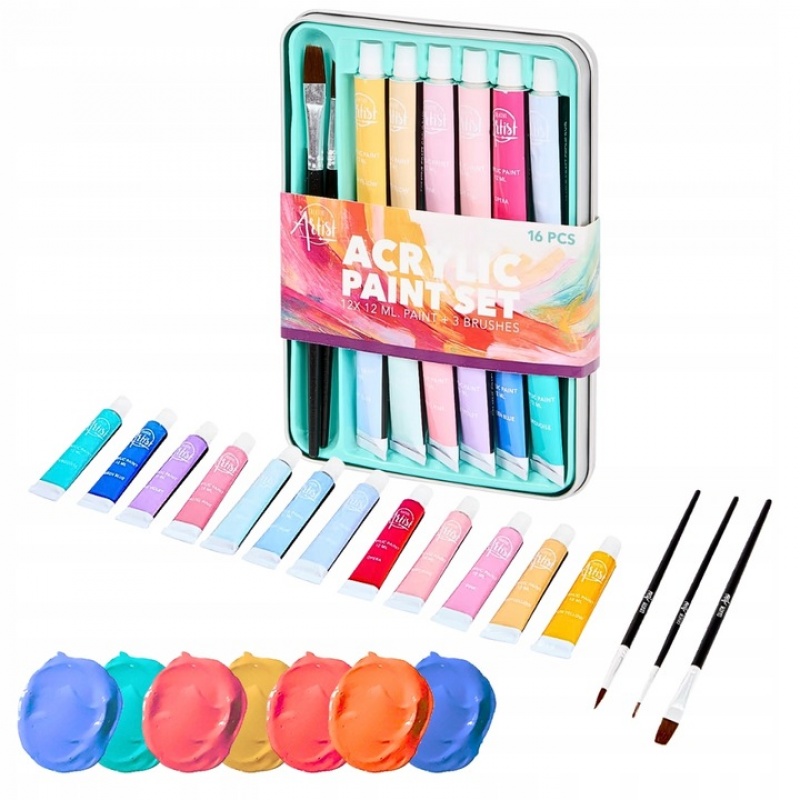 FARBY AKRYLOWE 12-KOL.PASTEL.+PĘDZLE 3szt.OP.METAL, Farby, Plastyka