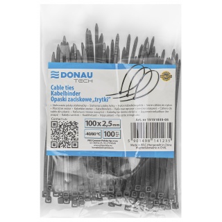 Opaski zaciskowe/trytytki DONAU TECH, 100x2,5mm, 100szt., temp. -40/80, czarne, Akcesoria montażowe, Wyposażenie biura