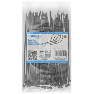Opaski zaciskowe/trytytki DONAU TECH, 150x2,5mm, 100szt., temp. -40/80, czarne, Akcesoria montażowe, Wyposażenie biura