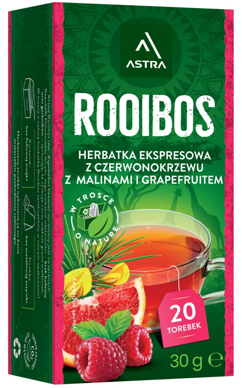 Herbata ASTRA Rooibos, z malinami i grejpfrutem, 20 torebek, Herbaty, Artykuły spożywcze