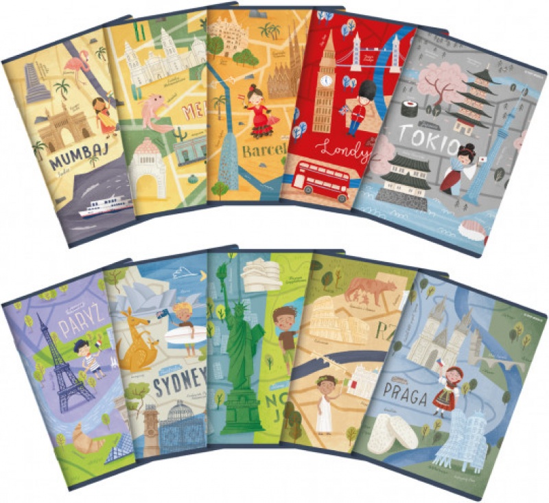 ZESZYT TOP CITIES OF THE WORLD A5 16K.KRATKA 20szt, Zeszyty, Zeszyty i bloki