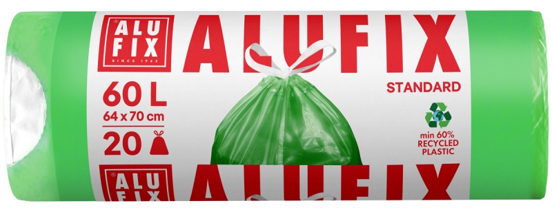 Worki na śmieci ALUFIX, z taśmą, HDPE, 60l, 20 szt., zielone, Worki, Artykuły higieniczne i dozowniki