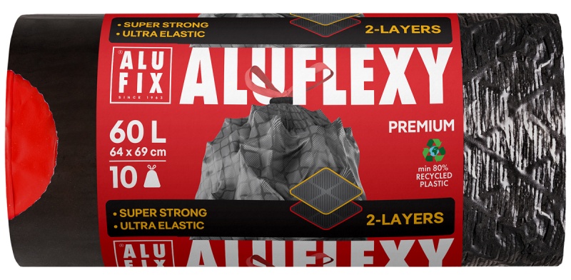 Worki na śmieci ALUFIX Aluflexy, z taśmą, LDPE, 60l, 10 szt., stalowe, Worki, Artykuły higieniczne i dozowniki