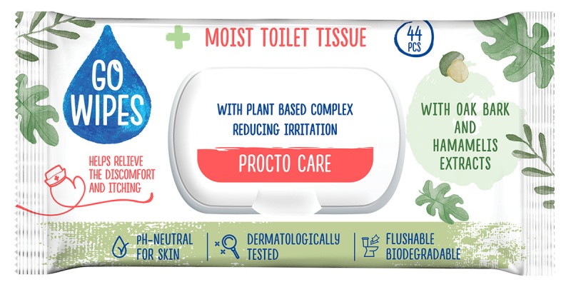Papier toaletowy nawilżany GOWIPES Procto Care, z klapką, 44 szt., Papiery toaletowe i dozowniki, Artykuły higieniczne i dozowniki