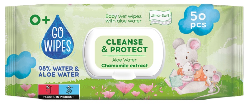 Chusteczki nawilżane dla dzieci GOWIPES, z aloesem i rumiankiem, 50 szt., Środki czyszczące, Artykuły higieniczne i dozowniki