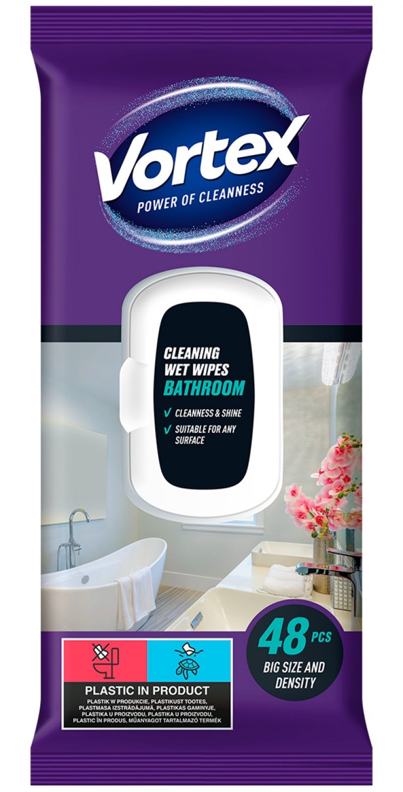 Chusteczki nawilżane VORTEX, do łazienki, z klapką, 48 szt., Środki czyszczące, Artykuły higieniczne i dozowniki
