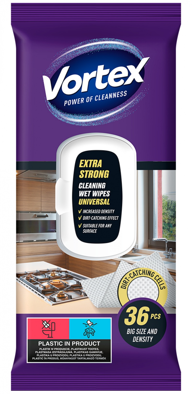 Chusteczki nawilżane VORTEX, uniwersalne, extra strong, z klapką, 36 szt., Środki czyszczące, Artykuły higieniczne i dozowniki