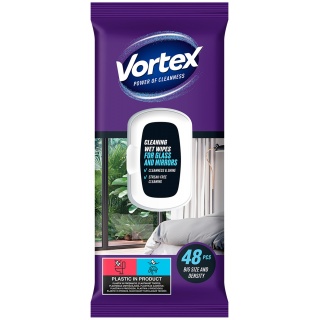 Chusteczki nawilżane VORTEX, do szyb i luster, z klapką, 48 szt., Środki czyszczące, Artykuły higieniczne i dozowniki