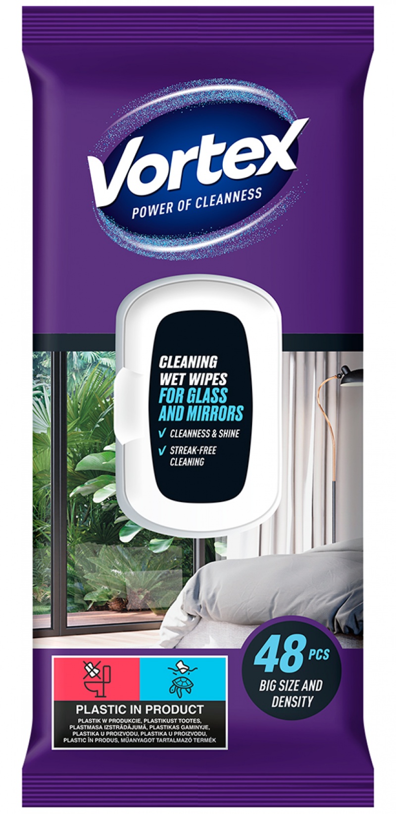 Chusteczki nawilżane VORTEX, do szyb i luster, z klapką, 48 szt., Środki czyszczące, Artykuły higieniczne i dozowniki