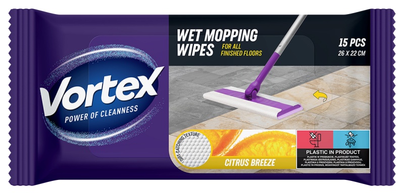 Chusteczki do mopowania podł&oacute;g na mokro VORTEX, cytrusowa bryza, 15 szt., Środki czyszczące, Artykuły higieniczne i dozowniki