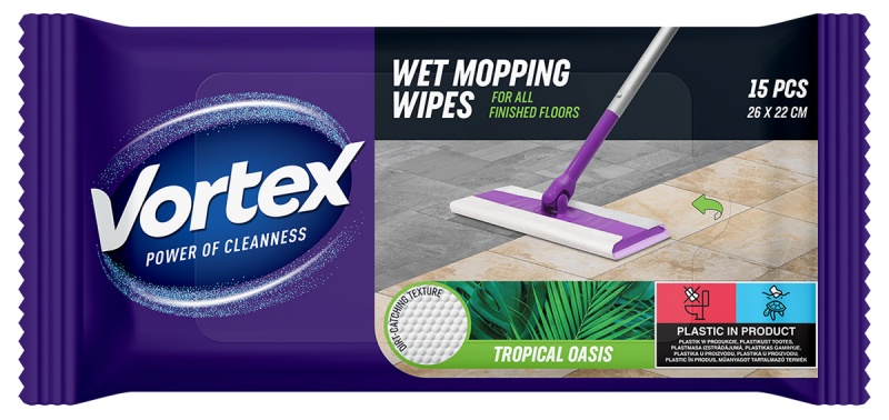 Chusteczki do mopowania podł&oacute;g na mokro VORTEX, tropikalna oaza, 15 szt., Środki czyszczące, Artykuły higieniczne i dozowniki