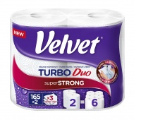 Cellulose paper towels roll VELVET Turbo Duo, 3-ply, 2 rolls of 165 sheets, white