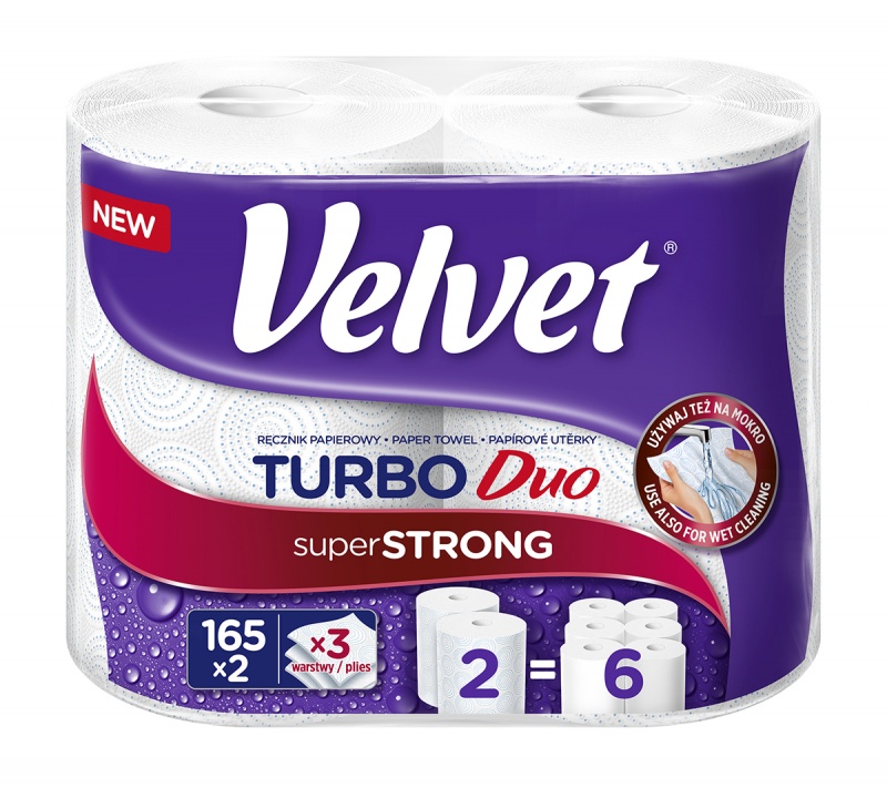 Ręcznik w roli celulozowy VELVET Turbo Duo, 3-warstwowy, 2 rolki po 165 listk&oacute;w, biały, Ręczniki papierowe i dozowniki, Artykuły higieniczne i dozowniki