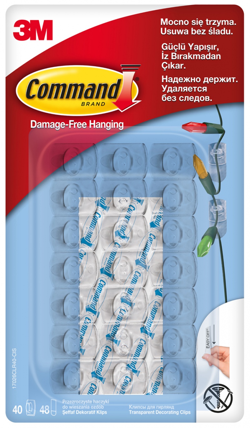Hooks COMMAND&trade; (17026CLR40) for hanging small ornaments, 40 hooks, 48 mini-strips, transparent