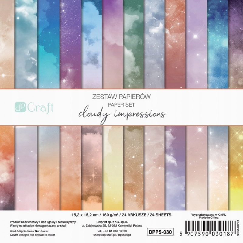 ZESTAW PAPIER&Oacute;W 15,2x15,2cm.24k.CLOUDY IMPRESSIONS, Scrapbooking, Art. kreatywne
