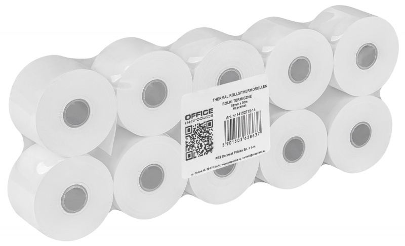 Rolki termiczne OFFICE PRODUCTS, 38mm x 30m, gr. 48 +/- 6, 10 szt., białe, Papiery specjalne, Papier i etykiety