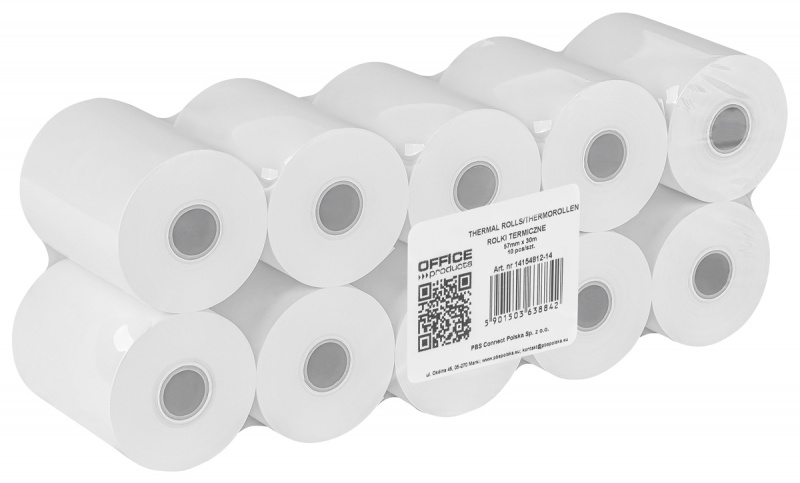 Rolki termiczne OFFICE PRODUCTS, 57mm x 30m, gr. 48 +/- 6, 10 szt., białe, Papiery specjalne, Papier i etykiety
