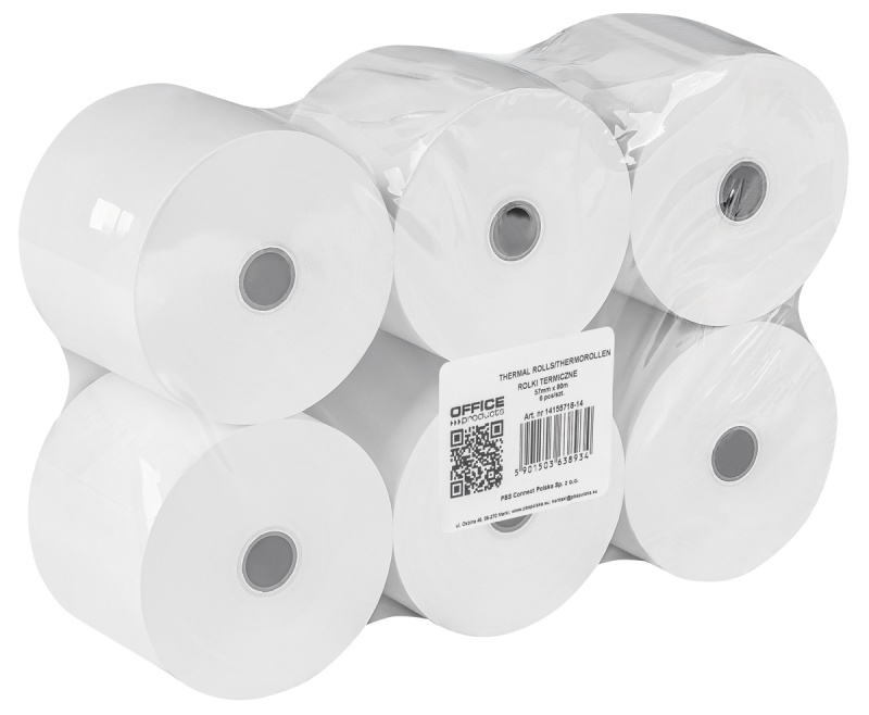 Thermal rolls OFFICE PRODUCTS, 57mm x 80m, 48 g/m&sup2; +/- 6, 6 pcs, white
