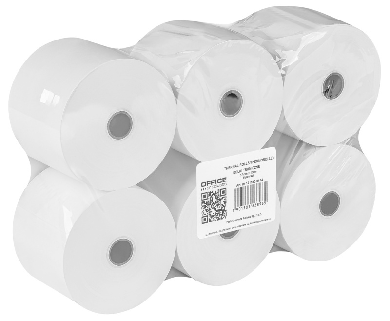 Thermal rolls OFFICE PRODUCTS, 57mm x 100m, 48 g/m&sup2; +/- 6, 6 pcs, white