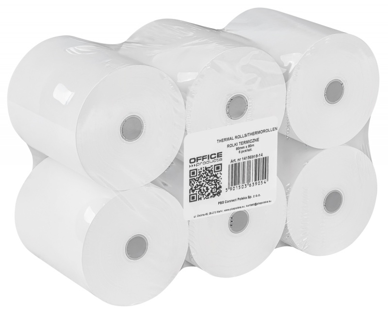 Rolki termiczne OFFICE PRODUCTS, 80mm x 80m, gr. 48 +/- 6, 6 szt., białe, Papiery specjalne, Papier i etykiety