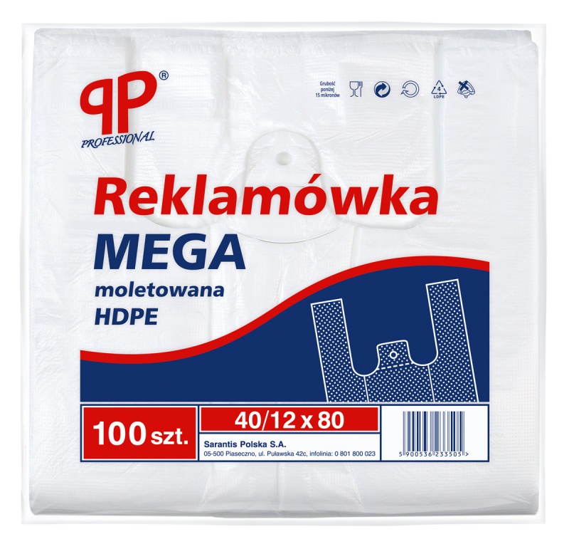 Reklam&oacute;wka SARANTIS, HDPE, mega, 40/12/80 cm, 14 mikr., 100 szt., biała, Woreczki i torby foliowe, Artykuły higieniczne i dozowniki