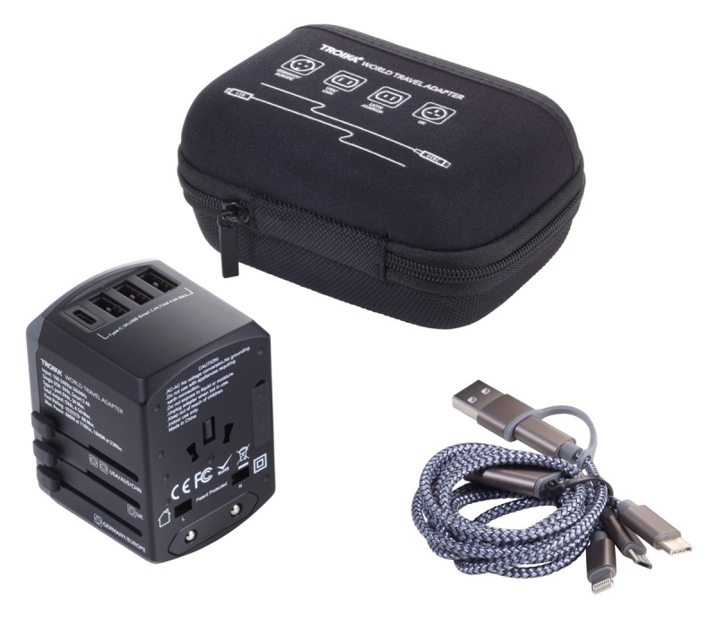 Adapter podr&oacute;żny TROIKA World Travel, czarny, Przedłużacze, listwy, zasilacze, UPSy, Urządzenia i maszyny biurowe