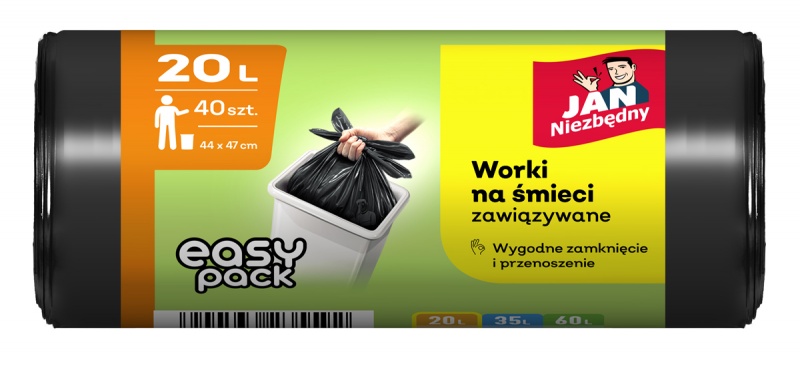 Worki na śmieci JAN NIEZBĘDNY HD Easy-Pack, 20l, 40szt., czarne, Worki, Artykuły higieniczne i dozowniki