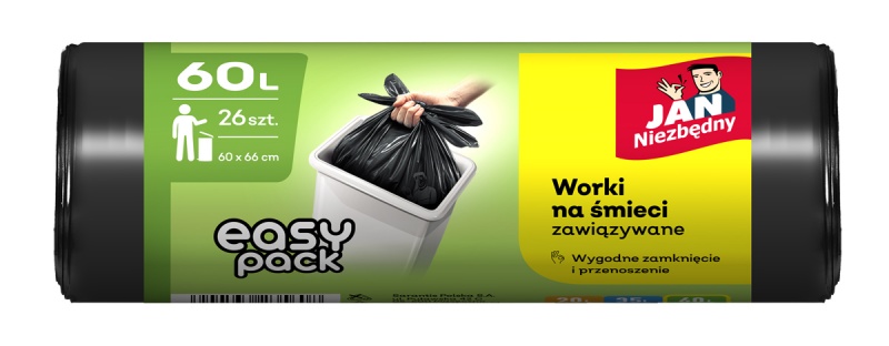 Worki na śmieci JAN NIEZBĘDNY HD Easy-Pack, 60l, 26szt., czarne, Worki, Artykuły higieniczne i dozowniki