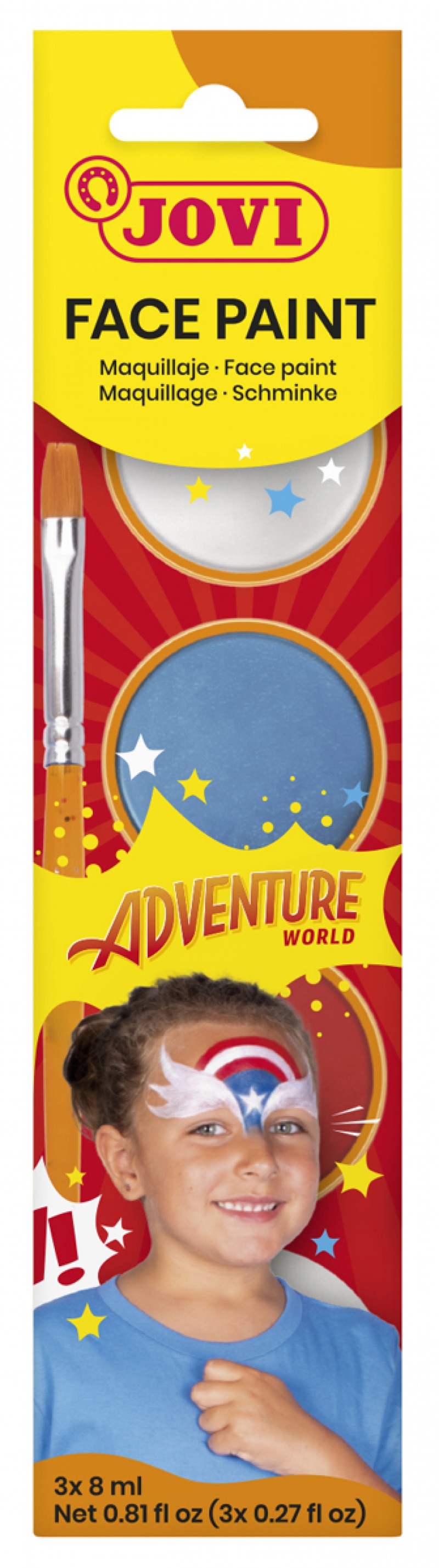 Farby do malowania twarzy JOVI Adventure, 3x8ml, z pędzelkiem i gąbką, mix kolor&oacute;w, Produkty kreatywne, Artykuły szkolne